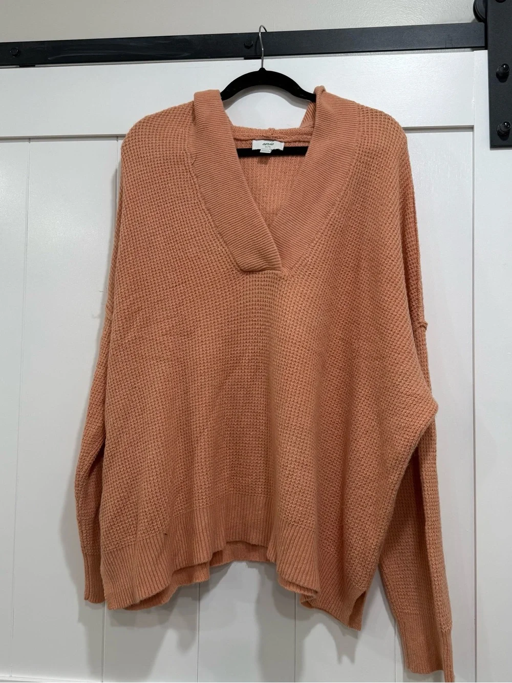 aerie Oversized V-Neck Waffle Knit Sweater with Hood- Dusty Peach